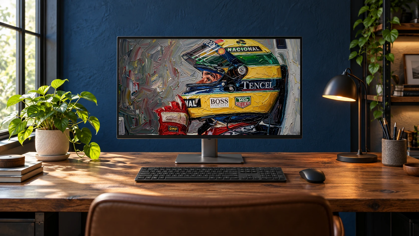A mesma mesa com uma pintura de automobilismo na tela